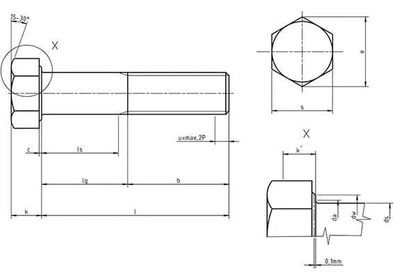 Dimensions for UNI 5737 Hexagon head bolts with shank