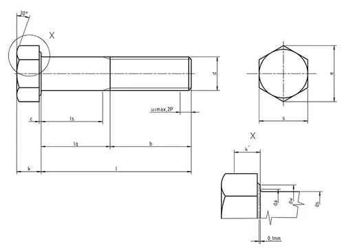 Dimensions for ISO 7411 High-strength injection structural bolts