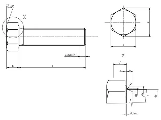 Dimensions for UNI 5739 Hexagon head bolts with thread up to head