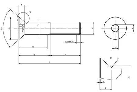 Dimensions for UNI 5933 Hexagon socket countersunk head cap screws
