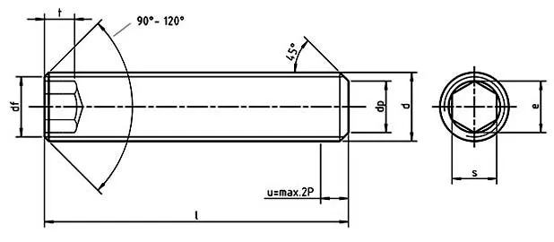 Dimensions for DIN 913 Hexagon socket set screws with flat point