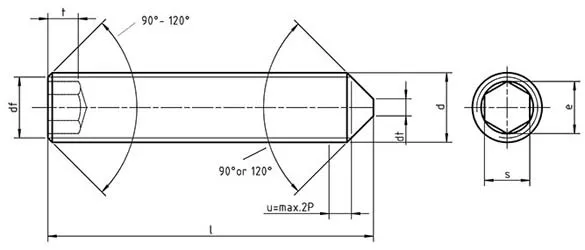 Dimensions for UNI 5927 Hexagon socket set screws with cone point