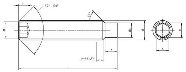 Dimensions for UNI 5925 Hexagon socket set screws with full dog point