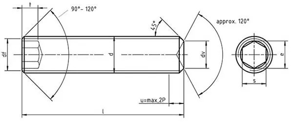 Dimensions for UNI 5929 Hexagon socket set screws with cup point